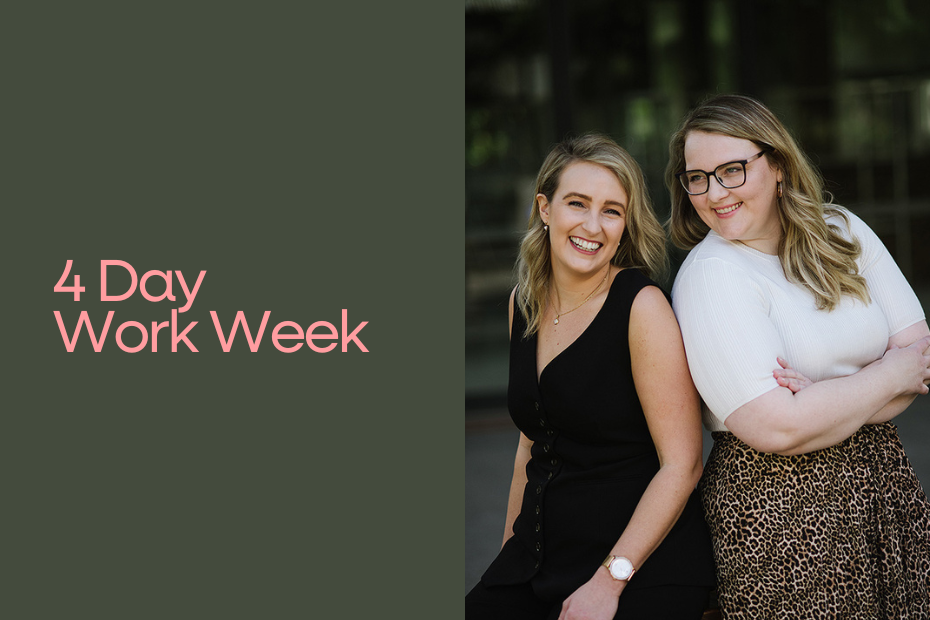 text - 4 day work week photo of two people smiling side by side